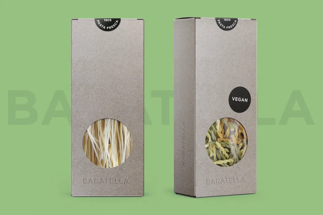 Verpackungs-Redesign Baratella, Pasta Fresca, Kartonverpackung, Lebensmittelverpackung, «Vegan»