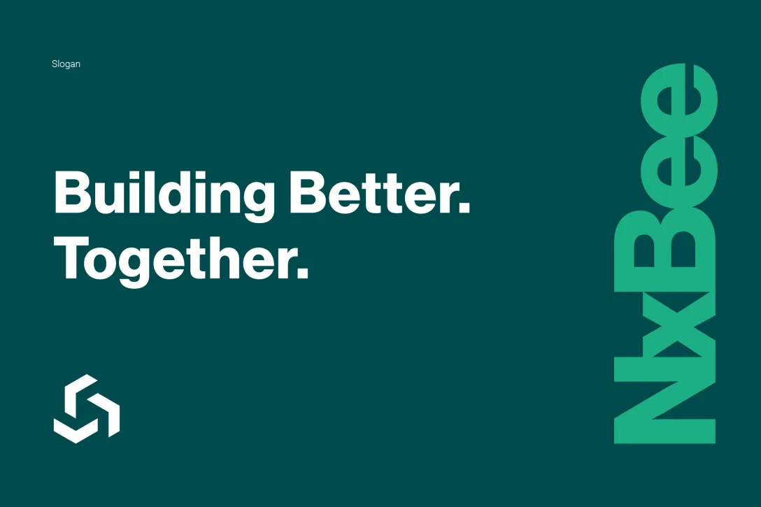 Markenentwicklung NxBee – Slogan »Building Better. Together.« mit Hexagon-Symbol in Jungle Green auf tiefgrünem Hintergrund