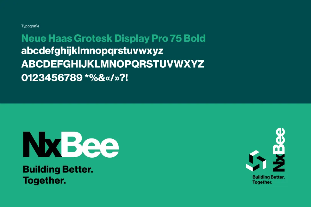 Typografie-Muster der NxBee-Marke – Neue Haas Grotesk Display Pro 75 Bold in Jungle Green auf dunklem Grund mit vollständigem Zeichensatz