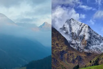 Visuelle Täuschung, Berglandschaft in Graubünden, Schweiz, vertikaler Schnitt, Alpen