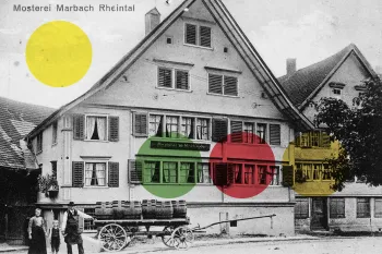 Alte Postkarte der Mosterei Marbach, Rheintal, abstrakte Kreise, Farben, gelb, grün, rot, braun